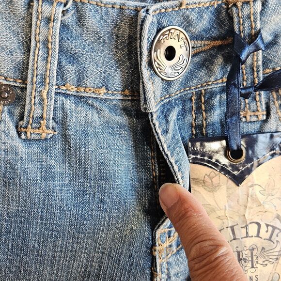 Hint Jeans Women Sz 1 Blue Boot Cut Bleach Splatter Look Y2K Festival Hippie New - Picture 11 of 16